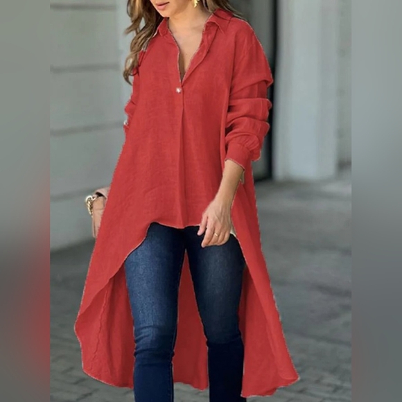 Women's Red Button Down Full Size High-Low Collared Neck Long Sleeve Shirt - Picture 1 of 7